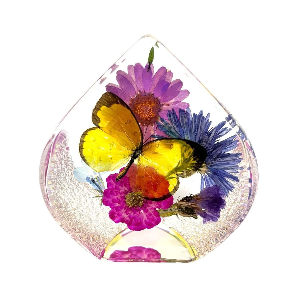 Real Butterfly & Flowers in Tear Drop Resin Paperweight Yellow Butterfly – Desktop Decoration (2.5” x 2.5” x 1.5”)