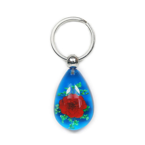 Real Flower Mini-Rose Blue Teardrop Green Leaf Keychain in Resin – Real Nature Gifts